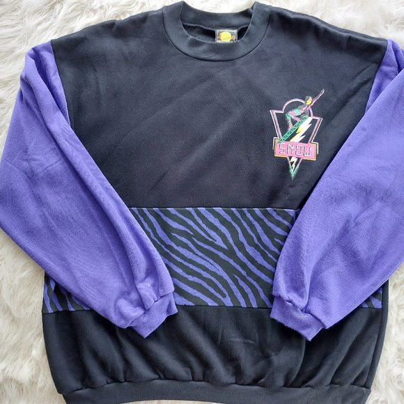 Vintage 90s Sun Sations Sport Wear Snow Pro Team Black Purple Sweatshirt XL - Picture 3 of 13